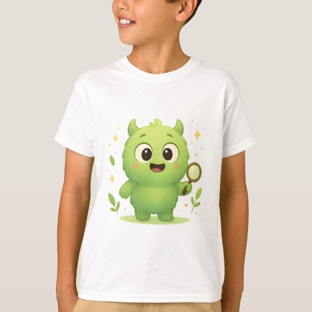 Curious Explorer Monster — Cute Green Kids Shirt T (Framsida)