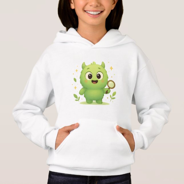 Curious Explorer Monster Kids Hoodie — Cute Green  T Shirt (Framsida)