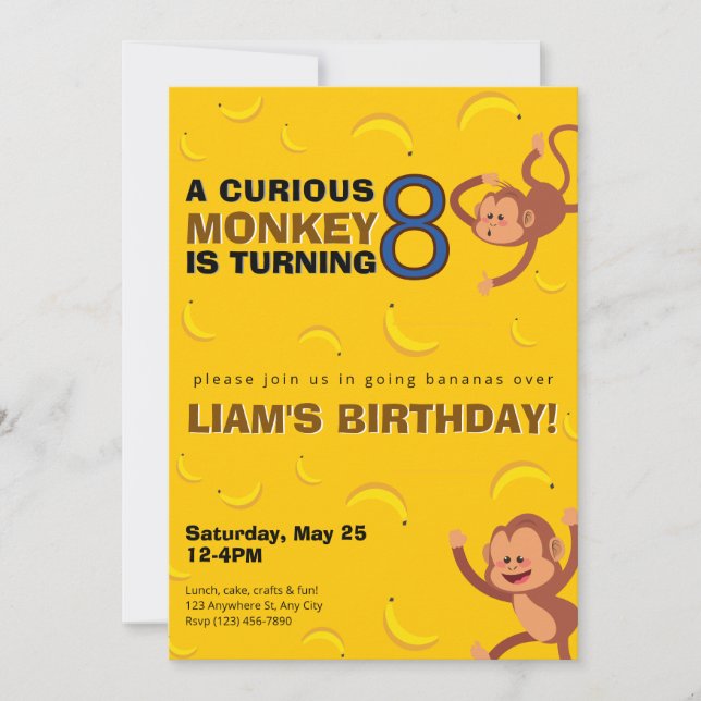 Curious Monkey Birthday Invite | Banana Jungle Inbjudningar (Framsida)