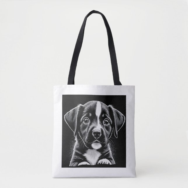 Curious Puppy – Black & White Tote Bag Tygkasse (Framsida)