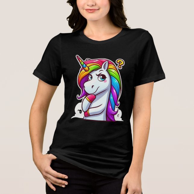 Curious Rainbow Unicorn Thinking T Shirt (Framsida)