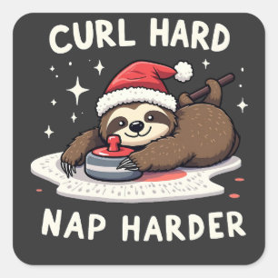 Curl Hard Nap Harder Curling Sport Sloth Julafton Fyrkantigt Klistermärke