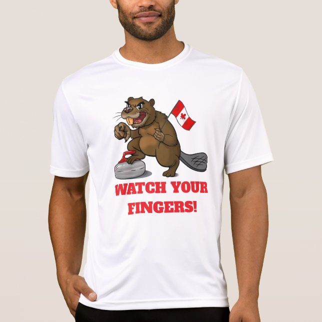 Curling beaver with flag - watch your fingers! t shirt (Framsida)