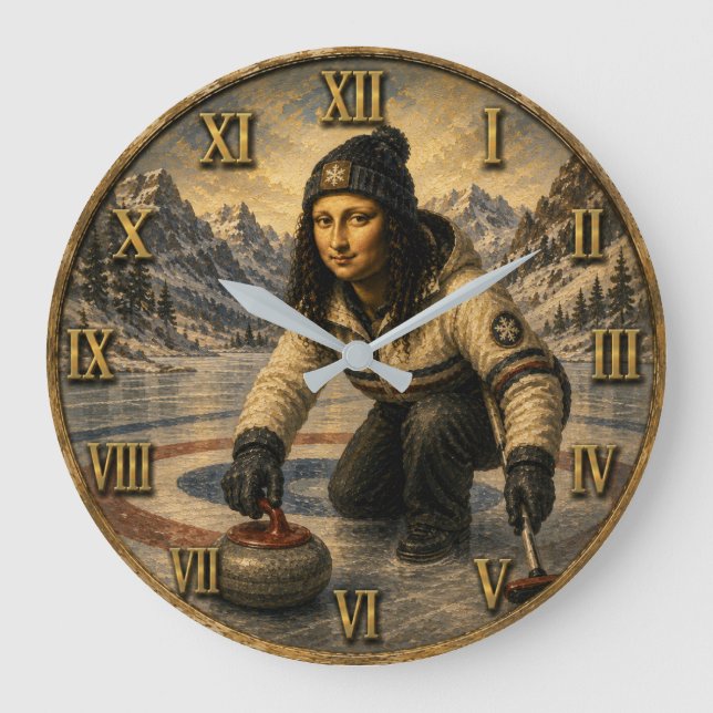Curling Funny Mona Lisa Curler Gift  Stor Klocka (Framsida)