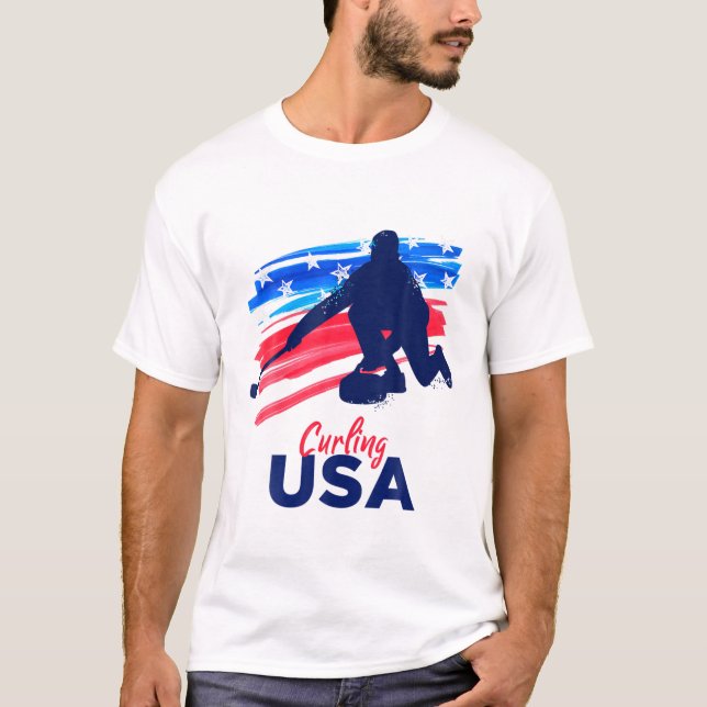 Curling USA Support Team T USA flagga Curl Clean T Shirt (Framsida)