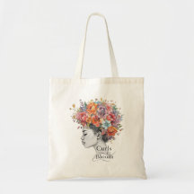 "Curls in Bloom" Vårblommig anpassad grafik tote