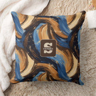 Curly Abstrakt Brushstrokes i Blue & Brown Kudde
