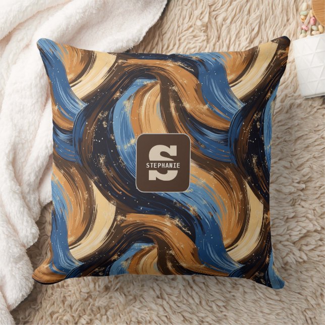 Curly Abstrakt Brushstrokes i Blue & Brown Kudde (Filt)