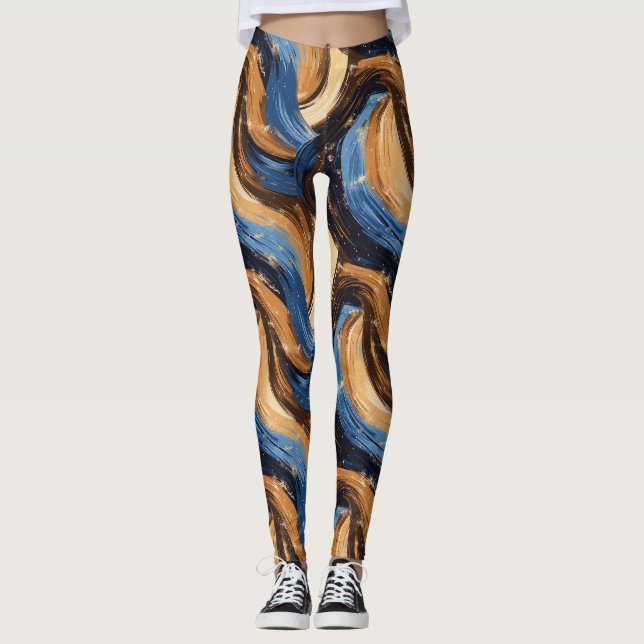 Curly Abstrakt Brushstrokes i Blue & Brown Leggings (Framsida)