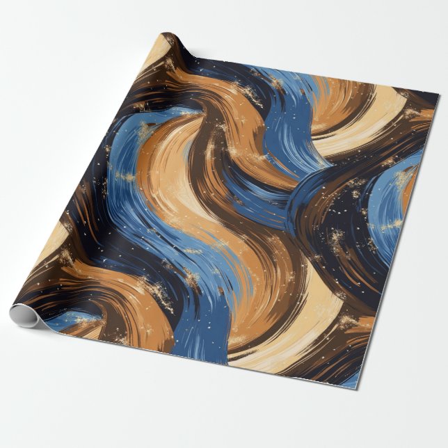 Curly Abstrakt Brushstrokes i Blue & Brown Presentpapper (Utrullad)
