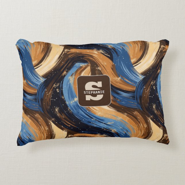 Curly Abstrakt Brushstrokes i Blue & Brown Prydnadskudde (Framsidan)