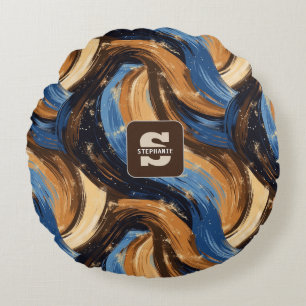 Curly Abstrakt Brushstrokes i Blue & Brown Rund Kudde