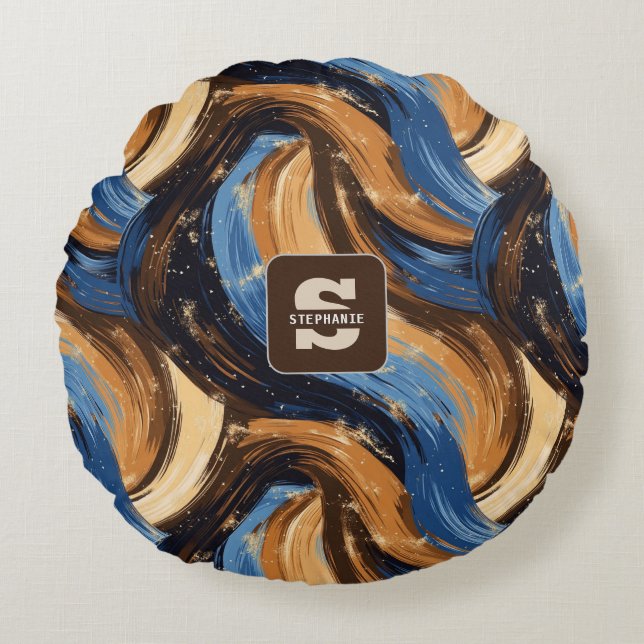 Curly Abstrakt Brushstrokes i Blue & Brown Rund Kudde (Framsidan)