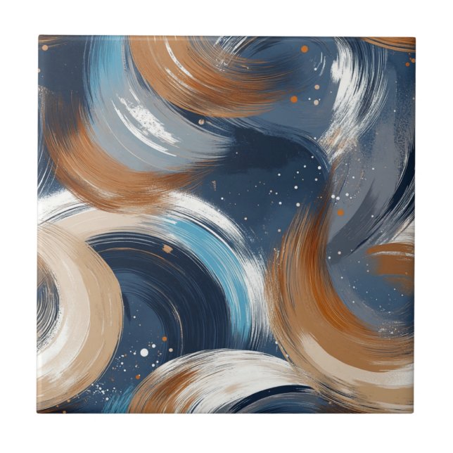 Curly Abstrakt Brushstrokes i Blue, White & Brown Kakelplatta (Framsidan)