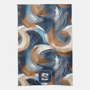 Curly Abstrakt Brushstrokes i Blue, White & Brown Kökshandduk