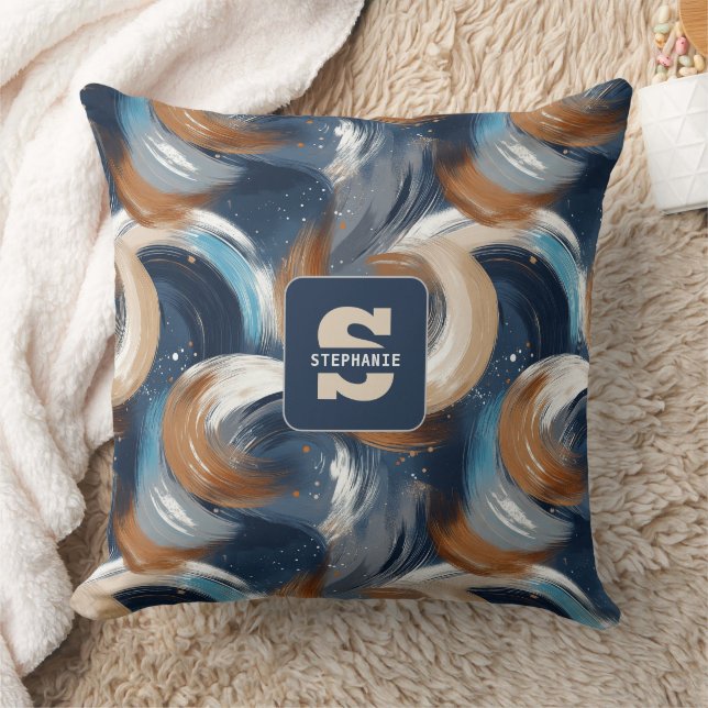 Curly Abstrakt Brushstrokes i Blue, White & Brown Kudde (Filt)