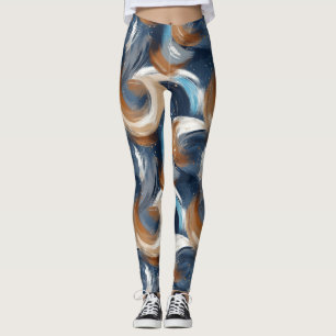 Curly Abstrakt Brushstrokes i Blue, White & Brown Leggings