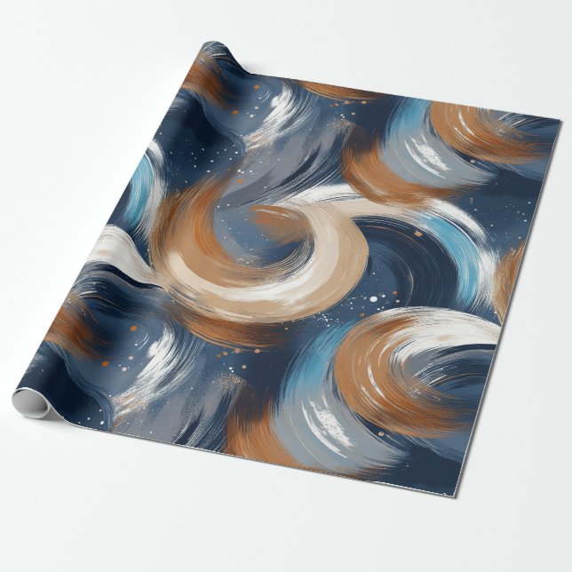 Curly Abstrakt Brushstrokes i Blue, White & Brown Presentpapper (Utrullad)