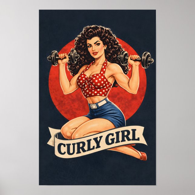 Curly Girl Weightlifting Hair Pin-Up Retro Gym Art Poster (Framsidan)