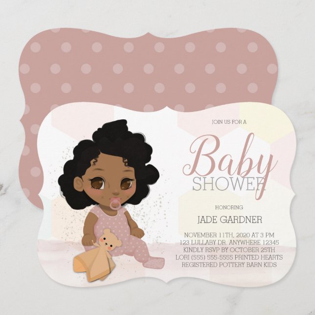 Curly Hair Baby Shower Inbjudan - Brown Skin Tone (Fram/baksida)
