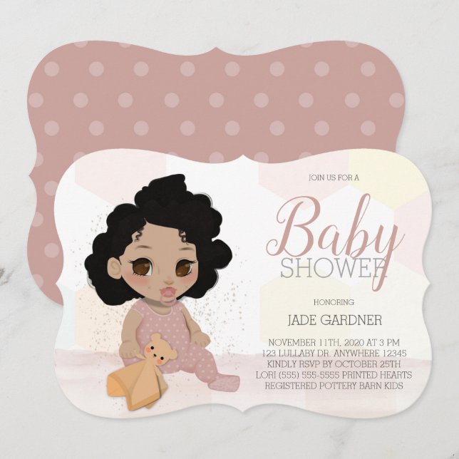 Curly Hair Baby Shower Inbjudan - Light Skin Tone (Fram/baksida)