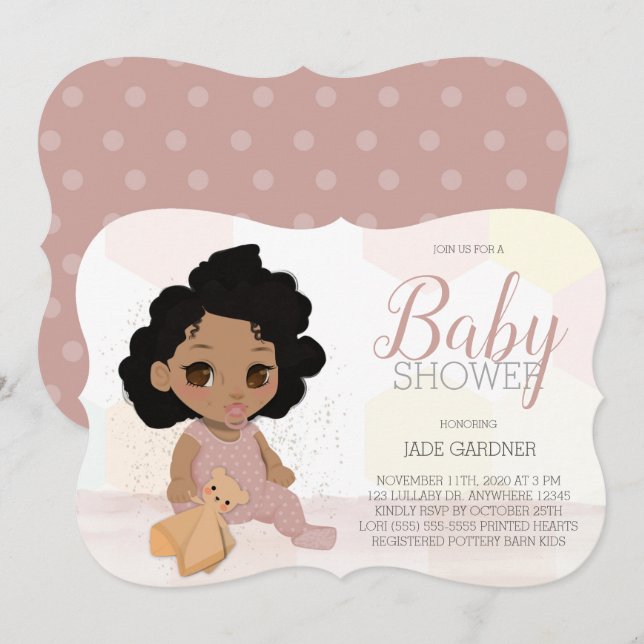 Curly Hair Baby Shower Inbjudan - Tan Skin Tone (Fram/baksida)
