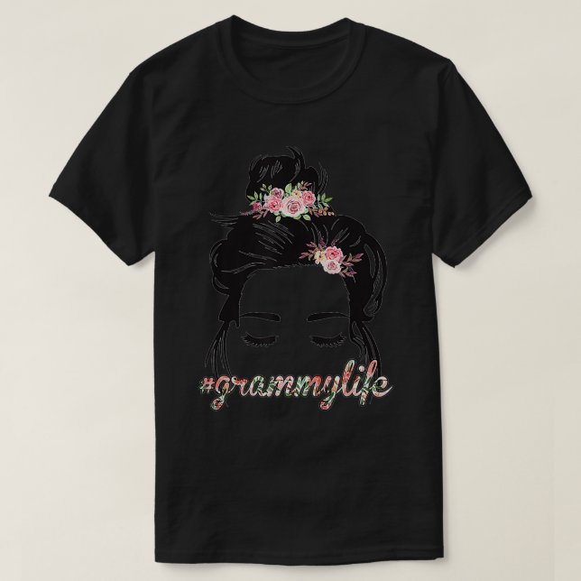 Curly Hair Messy Bun Flowers Grammy Life T Shirt (Design framsida)