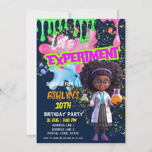 Curly-Hearing Girl Scientist Roligt Science Birthd Inbjudningar (Framsida)