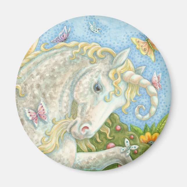 Curly Horned Unicorn Fantasy ROUND MAGNET (Framsidan)