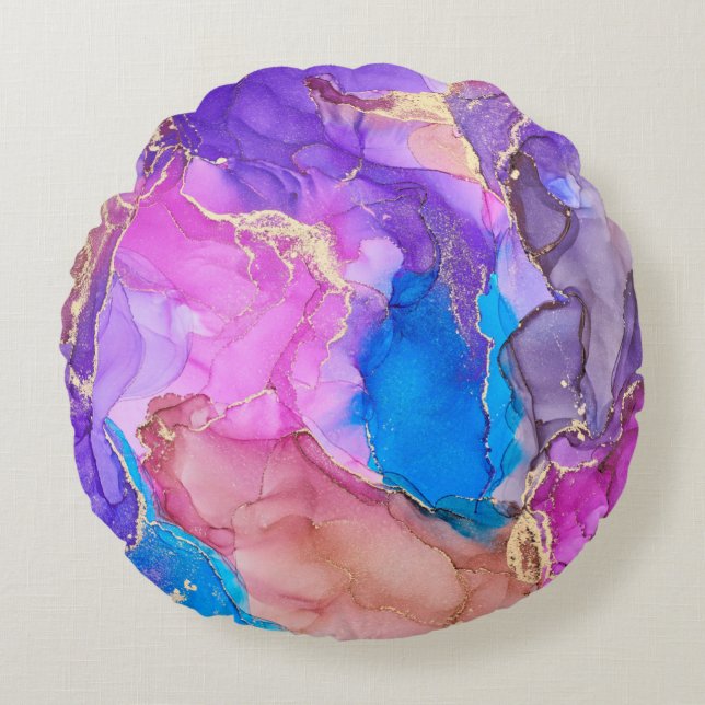 Currents of translucent hues, snaking metallic swi rund kudde (Framsidan)