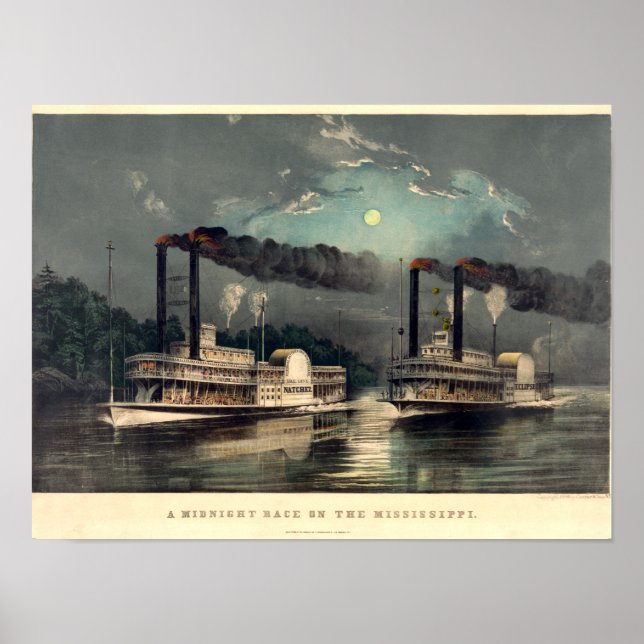 Currier & Ives, 1890, A midnight steamboat tävling Poster (Framsidan)