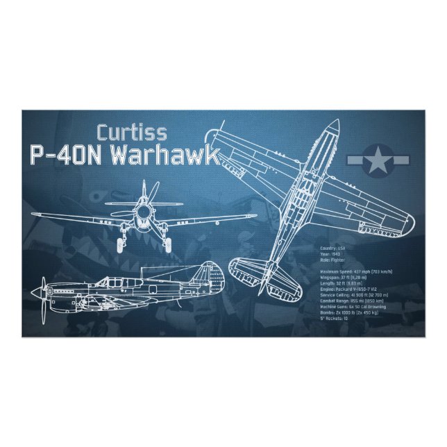 Curtiss P-40 Warhawk Blueprint Fototryck (Framsidan)
