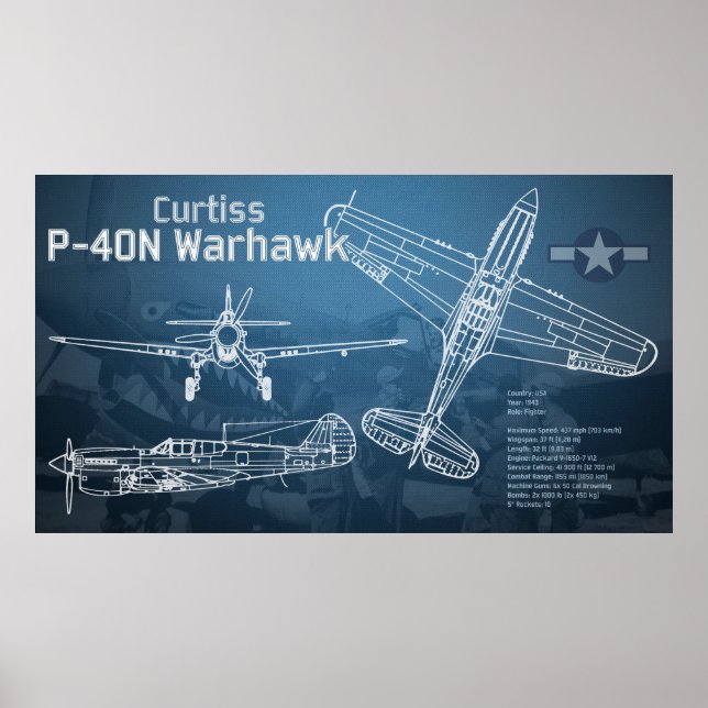 Curtiss P-40 Warhawk Blueprint Poster (Framsidan)