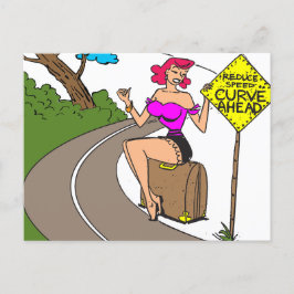 Curve Ahead, Söt Woman Hitchiking, funny Vykort