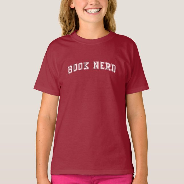Curved Varsity Stil Bok Nerd T Shirt (Framsida)