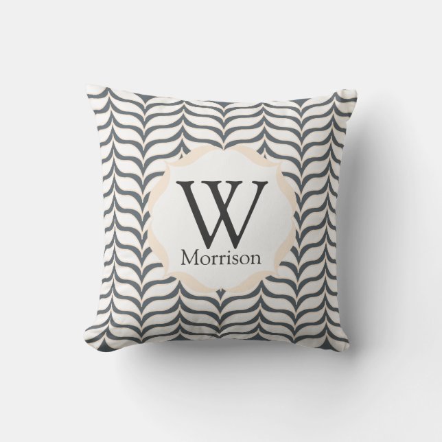 Curved White Cream Chevrons Mönster Monogram Kudde (Framsida)