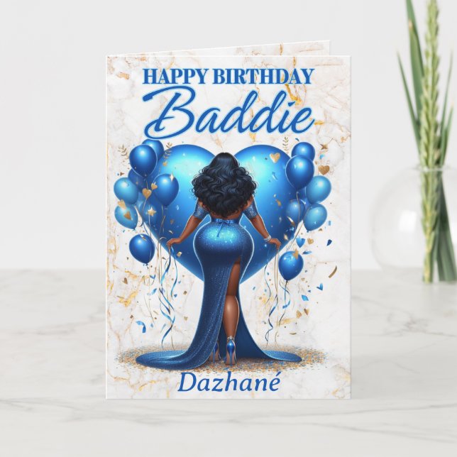 Curvy African American Woman Blue Glam Birthday Kort (Framsida)