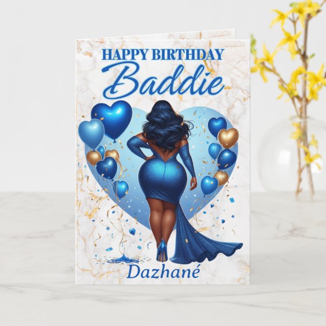 Curvy African American Woman Blue Glam Birthday Kort (Gul blomma)