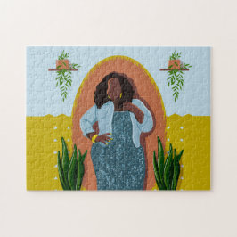 Curvy, Black Woman, Houseplant, Gult & Blue Pussel