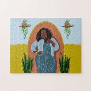 Curvy, Black Woman, Houseplant, Gult & Blue Pussel