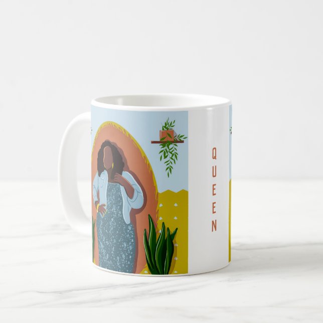 Curvy, Black Woman, Houseplant, Mustard & Blue Kaffemugg (Framsida vänster)