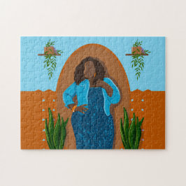 Curvy, Black Woman, Houseplant, Orange & Blue Pussel