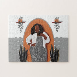 Curvy, Black Woman, Houseplant, Orange & Grått Pussel