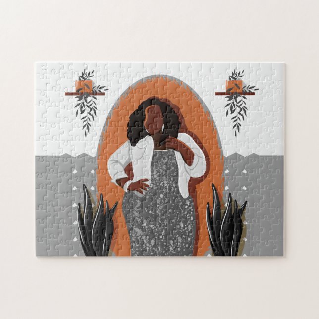 Curvy, Black Woman, Houseplant, Orange & Grått Pussel (Horisontell)