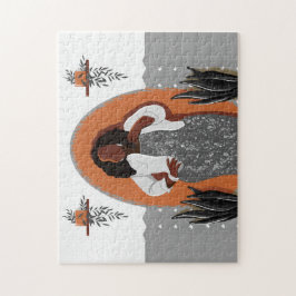 Curvy, Black Woman, Houseplant, Orange & Grått Pussel