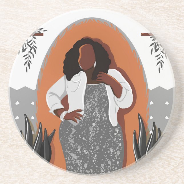 Curvy, Black Woman, Houseplant, Orange & Grått Underlägg (Framsidan)