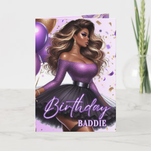 Curvy Glam Afroamerikansk Kvinna Lila Födelsedag Kort