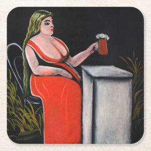 Curvy Woman med Mugg av Beer Underlägg Papper Kvadrat