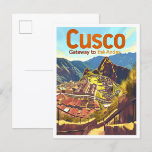 Cusco Peru Vintage Art Travel Illustration Vykort