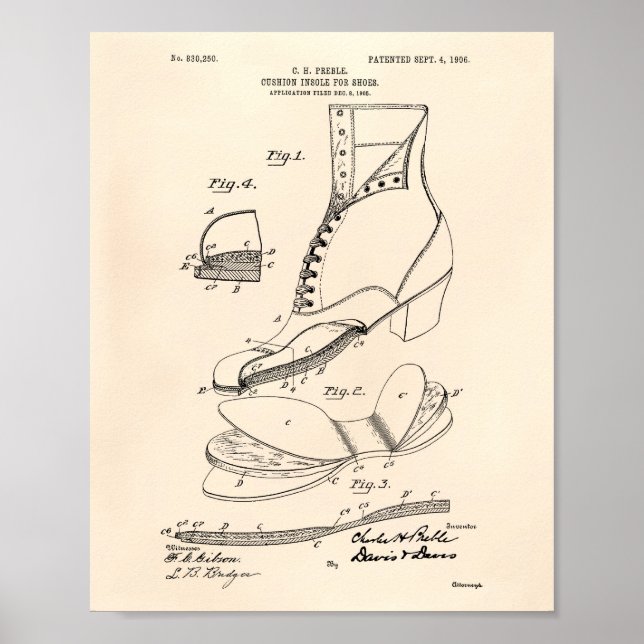 Cushion Insole Shoes 1906 Patent Art Old Peper Poster (Framsidan)